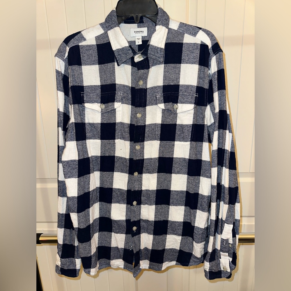 Sonoma brand flannel button down. Navy and cream plaid.
